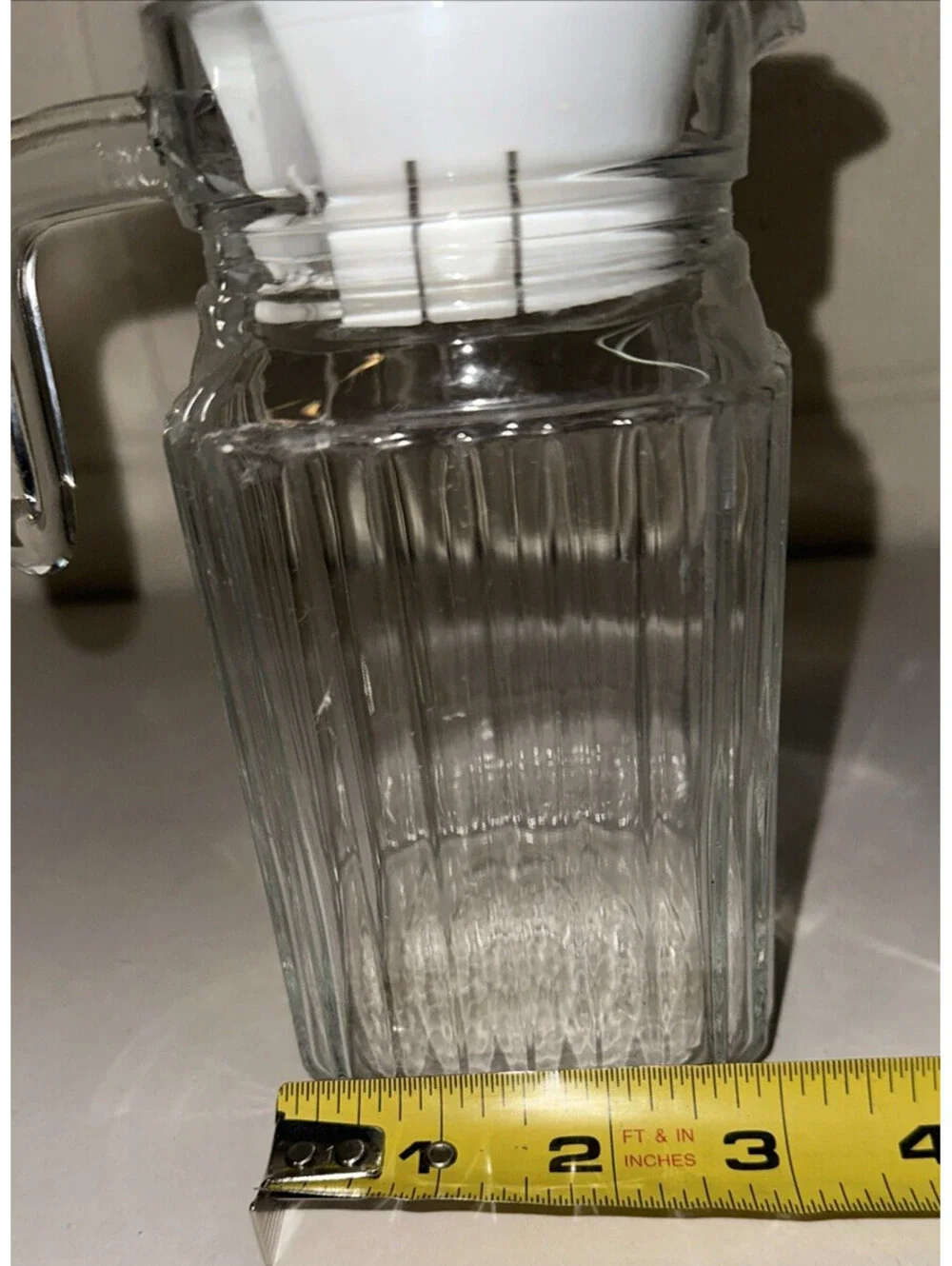Vintage ARC Glass Small 16 oz Ribbed Pitcher With White Lid